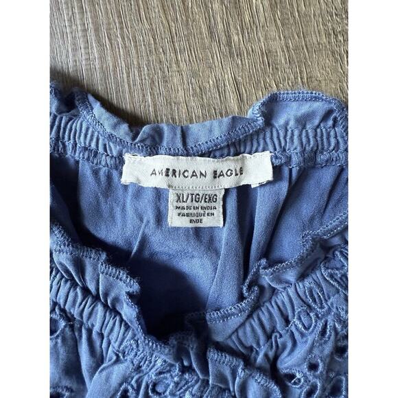 American Eagle Crop Tank Top Blue Embroidered Floral Eyelet Cotton Sz XL Y2K - Picture 3 of 5